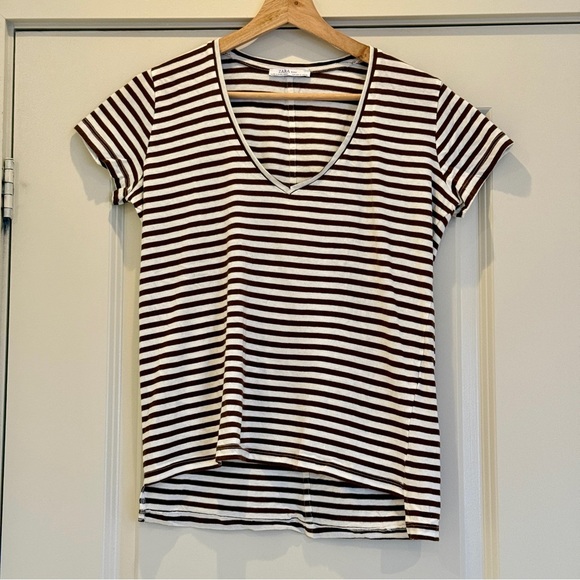 3/$15‼️ Zara Brown & White Striped V-Neck Soft Tee, Size S, 100% Cotton - Picture 1 of 10